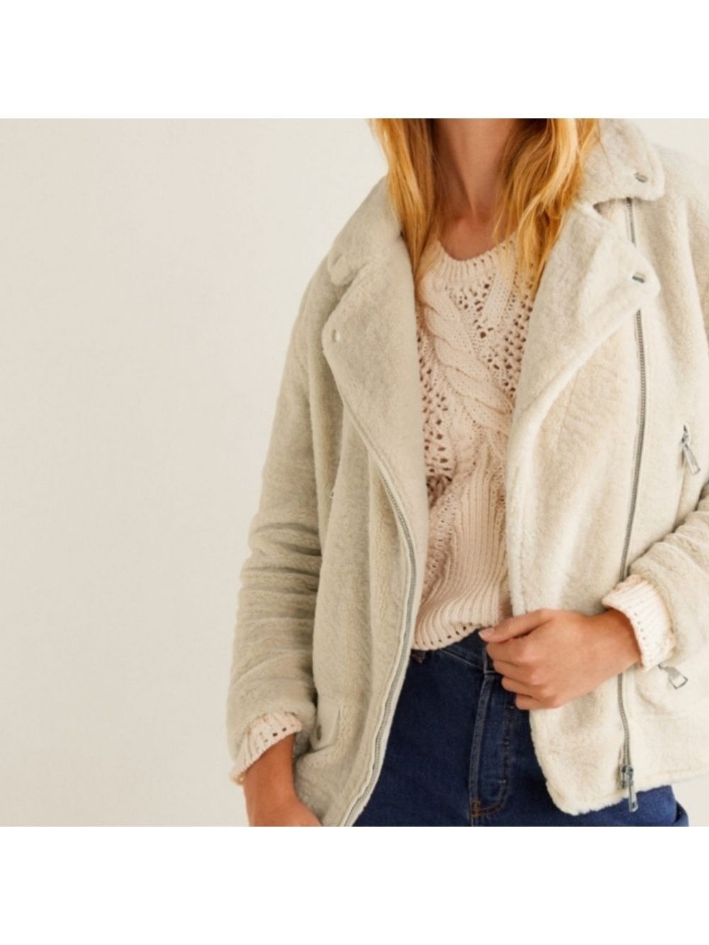 Mango Ivory Faux Shearling Biker Jacket, Size S